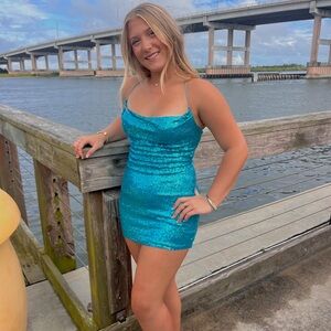 B.darlin Sequin Cowl Neck Tie Back Bodycon Dress Homecoming Dress